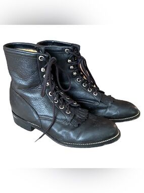 Justin Junior Leather Ankle Boots, Sz. 4.5 D, Black Kiltie Roper Boot, Lace-Up
